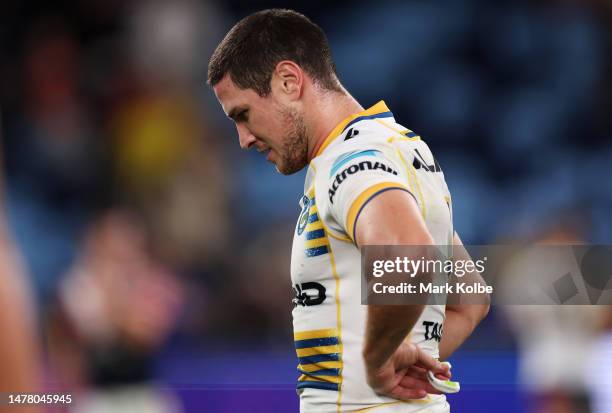 Mitchell Moses of the Eels looks dejected after defeat during the round five NRL match between the Sydney Roosters and the Parramatta Eels at Allianz...