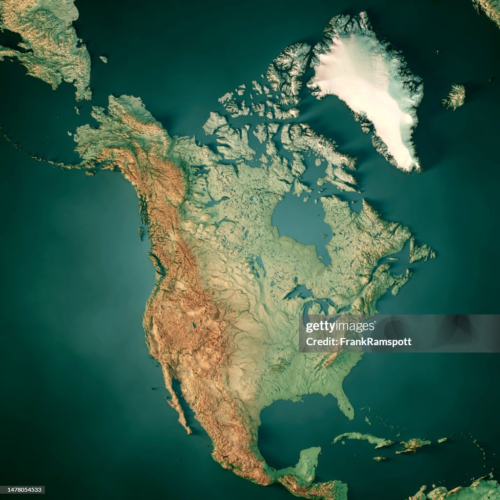 North America Topographic Map 3D Render Dark Ocean Color