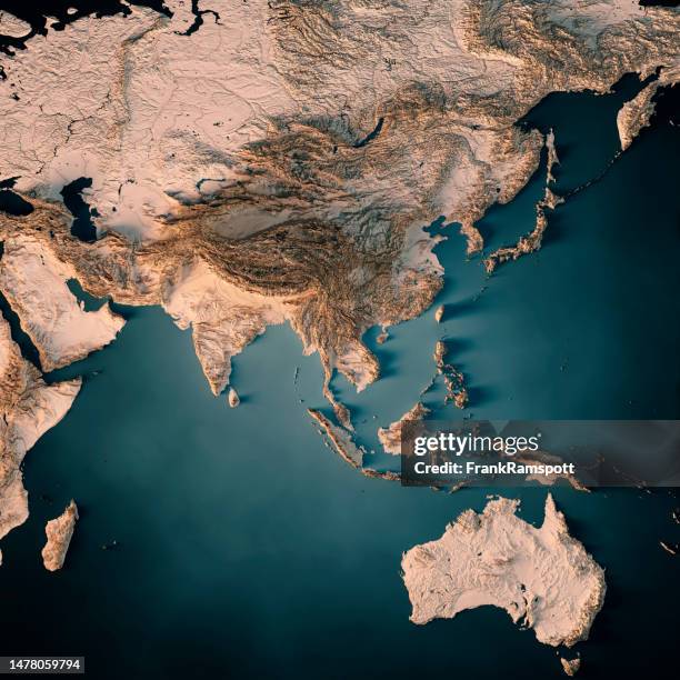 asia australia topographic map 3d render dark ocean neutral - pacific ocean from space stock pictures, royalty-free photos & images