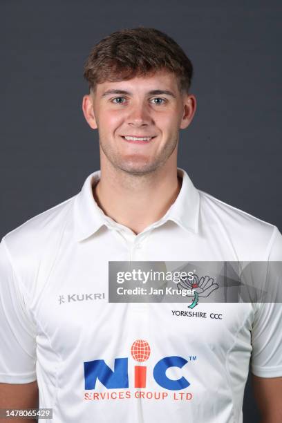 Dominic Leech poses during the Yorkshire CCC Photocall at Headingley on March 30, 2023 in Leeds, England.