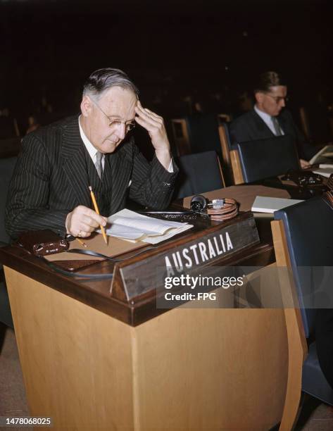 Australian politician John McEwen, Australian delegate to the United Nations, attends the UN General Assembly at the United Nations headquarters in...