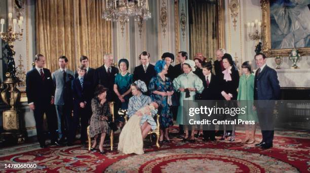 Members of the Royal Family pose, following the christening of Peter Phillips, in the White Drawing Room of Buckingham Palace, London, England, 22nd...