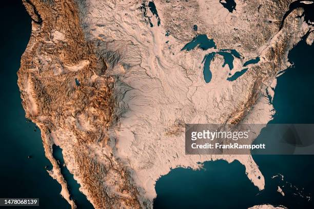 topografische karte der vereinigten staaten horizontales 3d-rendern dunkler ozean neutral - america map stock-fotos und bilder