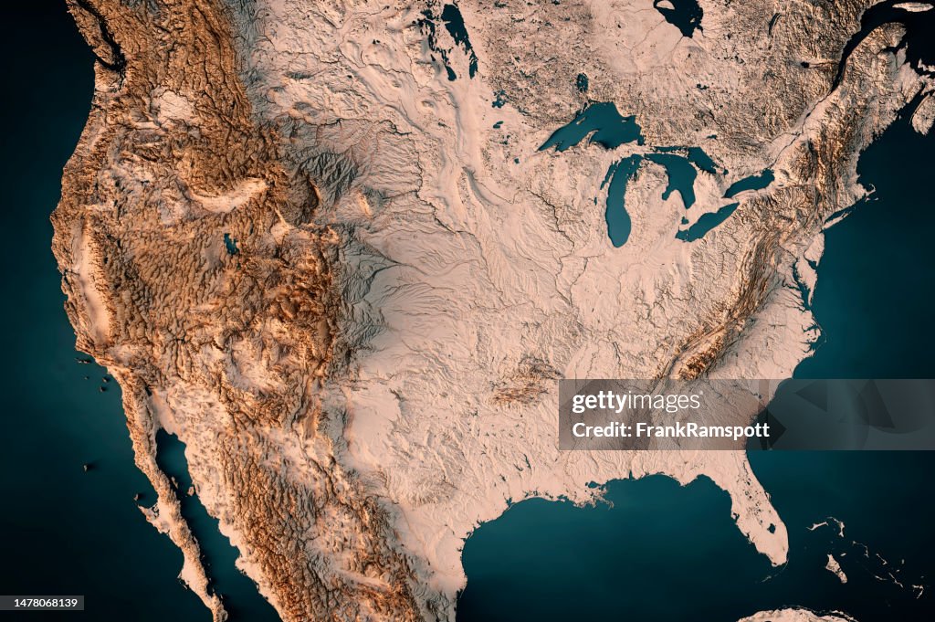 米国の地形図水平3Dレンダリングダークオーシャンニュートラル