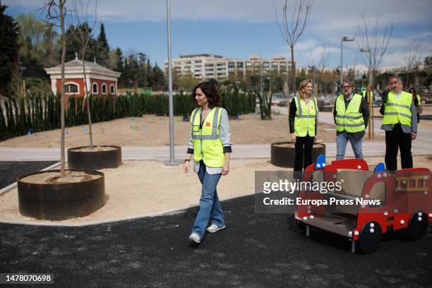 The president of the Community of Madrid, Isabel Diaz Ayuso, visits the remodeling works of the Santander Park, on 30 March, 2023 in Madrid, Spain....