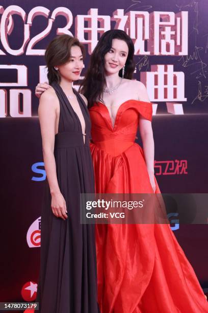 Actress Wan Qian and Zhang Meng pose on the red carpet for 2023 Television Series of China Quality Ceremony on March 30, 2023 in Shanghai, China.