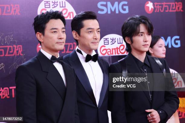 Actor Li Guangjie, Hugh Hu Ge and Steven Zhang Xincheng pose on the red carpet for 2023 Television Series of China Quality Ceremony on March 30, 2023...