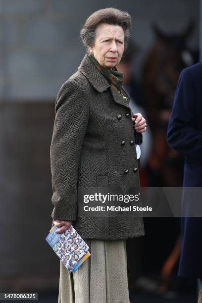Anne, Princess Royal looks on ahead of the Injured Jockeys Fund Maiden Hurdle Race at Taunton Racecourse on March 30, 2023 in Taunton, England.