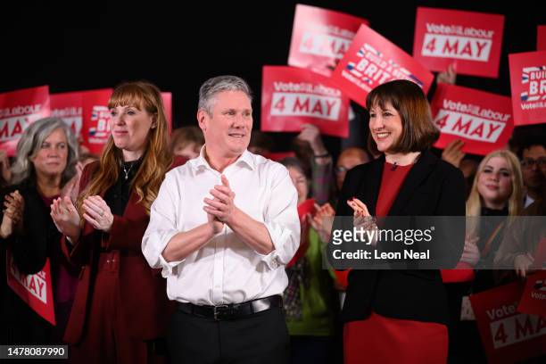 Labour Party Deputy leader Angela Rayner, Labour Party leader Keir Starmer, Labour Party Shadow Chancellor Rachel Reeves attend the launch of...