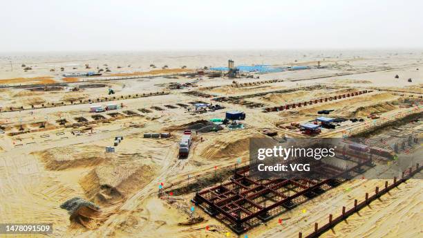 Aerial view of a construction site of Fuman oilfield, China's largest ultra-deep oilfield, in the Tarim Basin on March 29, 2023 in Aksu Prefecture,...