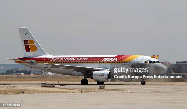 Spanish team airplane arrives at Barajas airport.