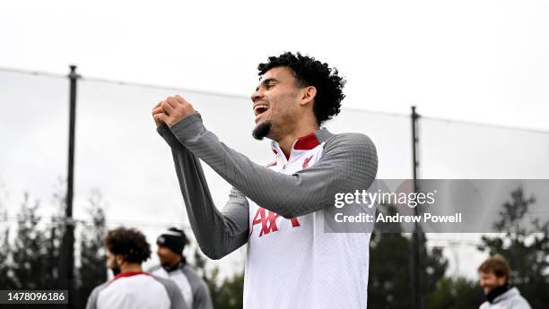 Luis Diaz of Liverpool during a training session at AXA Training Centre on March 30, 2023 in Kirkby, England.