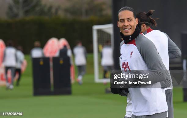 Virgil van Dijk of Liverpool during a training session at AXA Training Centre on March 30, 2023 in Kirkby, England.