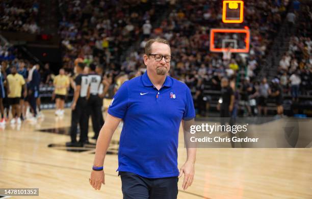 Head coach Nick Nurse of the Philadelphia 76ers closes his eyes as he walks off the court after their loss to the Memphis Grizzlies in their NBA...