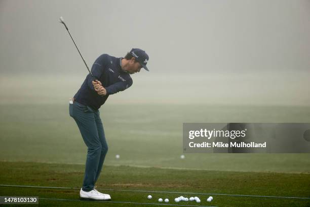 Sam Ryder of the United States warms up on the practice range during the first round of the Valero Texas Open at TPC San Antonio on March 30, 2023 in...