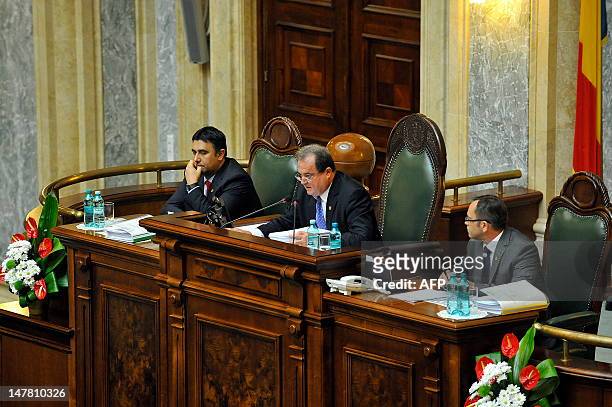 Leader of the Liberal Democrat Party and Senate speaker, Vasile Blaga , delivers a speech in Bucharest on July 3 shortly before being sacked by...