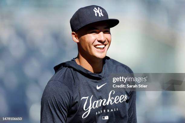 Anthony Volpe of the New York Yankees takes batting practice prior to the game against the San Francisco Giants on Opening Day at Yankee Stadium on...