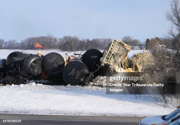 The scene this morning after a BNSF train carrying ethanol and corn syrup derailed and caught fire in the west-central Minnesota town of Raymond...