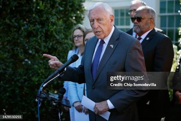 Rep. Steny Hoyer and fellow House Democrats talk to reporters outside the West Wing after meeting with senior White House officials on March 30, 2023...