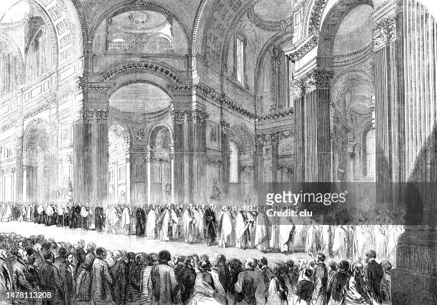 ロンドンのセントポール大聖堂での聖職者の召集の行列 - 1857年点のイラスト素材／クリップアート素材／マンガ素材／アイコン素材