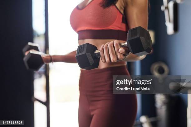 woman hands, dumbbell and workout in gym for strong power, wellness exercise or bodybuilding. closeup female athlete holding heavy weights for fitness, training and health of sports, energy or muscle - womens hand weights stock pictures, royalty-free photos & images