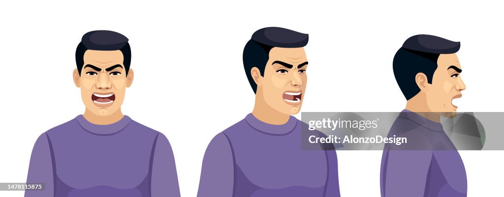 Portrait of Young Man Yelling. Face of an angry man viewed in three positions.