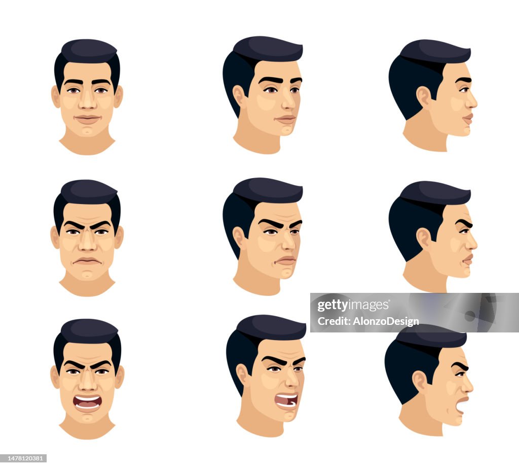 Young man facial emotions set.