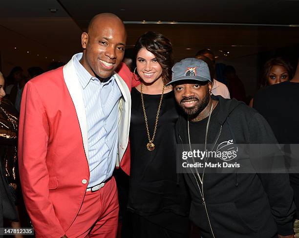 Kelly Griffin, Leah LeBelle and Jermaine Dupri pose at the 2012 BET Music Matters Showcase held at Creative Artists Agency on July 2, 2012 in Los...