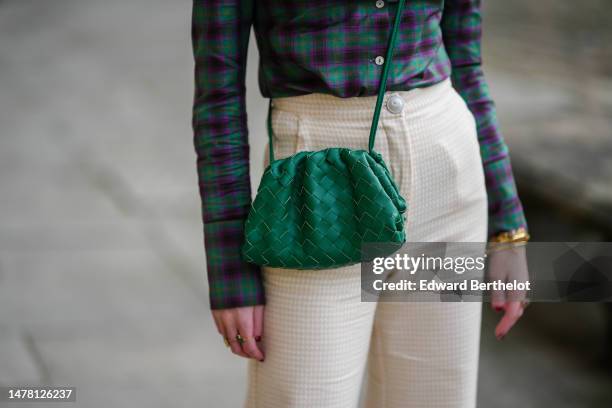 Alba Garavito Torre wears a green and purple checkered print pattern / puffy shoulder / buttoned shirt from Nina Blanc, high waist ivory high waist...