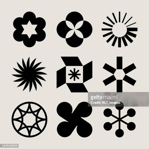 ilustraciones, imágenes clip art, dibujos animados e iconos de stock de iconos radiales abstractos modernos de mediados de siglo - logo corporate