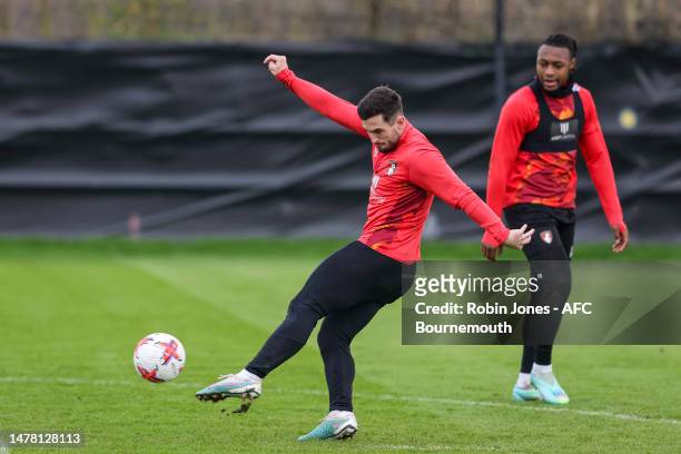 Lewis Cook and Antoine Semenyo of Bournemouth during a training session at Vitality Stadium on March 30, 2023 in Bournemouth, England.