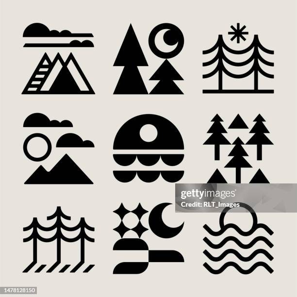 moderne outdoor-ikonen aus der mitte des jahrhunderts - camping icons stock-grafiken, -clipart, -cartoons und -symbole