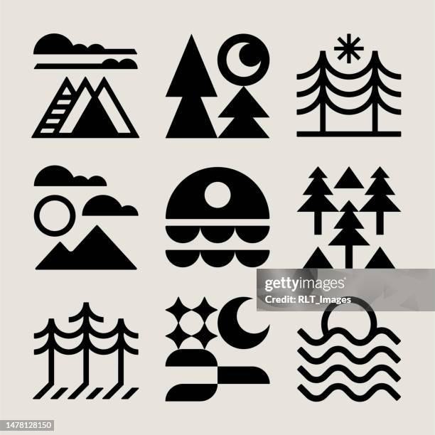 ilustrações de stock, clip art, desenhos animados e ícones de mid-century modern outdoor icons - camping