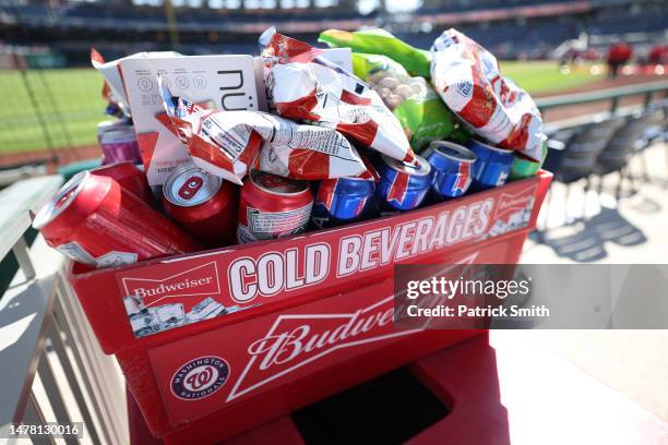 Beer and snacks are displayed before the Atlanta Braves play against the Washington Nationals on Opening Day at Nationals Park on March 30, 2023 in...