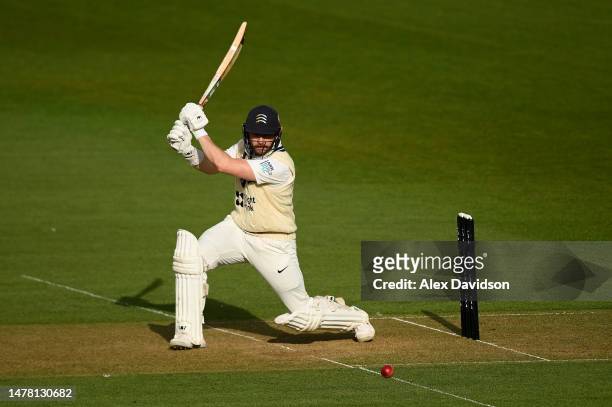 Mark Stoneman of Middlesex hits runs during the Pre-Season Friendly match between Surrey and Middlesex at The Kia Oval on March 30, 2023 in London,...