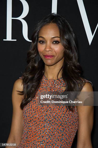 Zoe Saldana attends the Giorgio Armani Prive Haute-Couture Show as part of Paris Fashion Week Fall / Winter 2013 at Palais de Chaillot on July 3,...