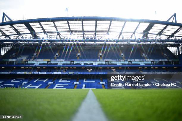 General view inside the stadium prior to the UEFA Women's Champions League quarter-final 2nd leg match between Chelsea FC and Olympique Lyonnais at...