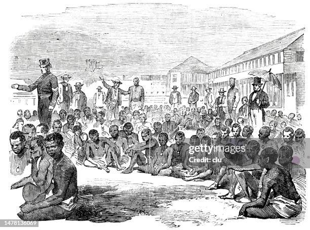gruppe von sklaven bei der parade, fort augusta - sklaverei stock-grafiken, -clipart, -cartoons und -symbole