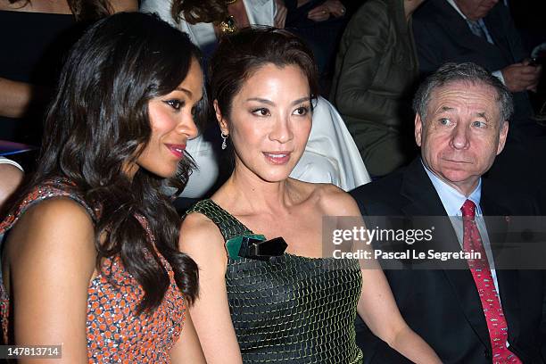 Zoe Saldana, Michelle Yeoh and Jean Todt attend the Giorgio Armani Prive Haute-Couture show as part of Paris Fashion Week Fall / Winter 2012/13 at...