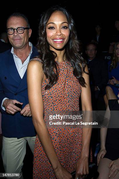 Zoe Saldana attends the Giorgio Armani Prive Haute-Couture show as part of Paris Fashion Week Fall / Winter 2012/13 at Palais de Chaillot on July 3,...