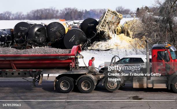 The scene this morning after a BNSF train carrying ethanol and corn syrup derailed and caught fire in the west-central Minnesota town of Raymond...