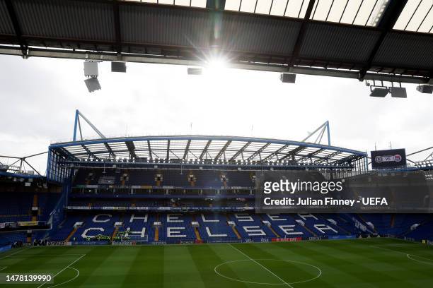 General view inside the stadium prior to the UEFA Women's Champions League quarter-final 2nd leg match between Chelsea FC and Olympique Lyonnais at...