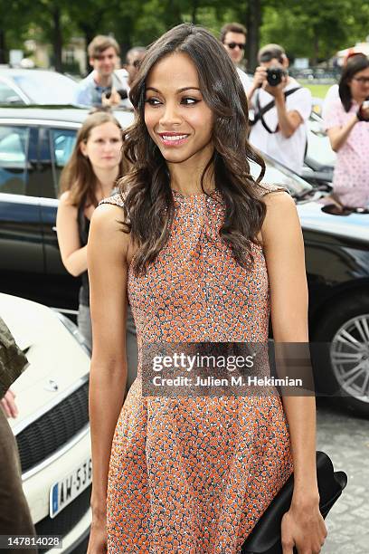 Zoe Saldana attends the Giorgio Armani Prive Haute-Couture Show as part of Paris Fashion Week Fall / Winter 2012/13 at Palais de Chaillot on July 3,...