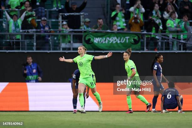 Alexandra Popp of VfL Wolfsburg celebrates after scoring the team's first goal during the UEFA Women's Champions League quarter-final 2nd leg match...