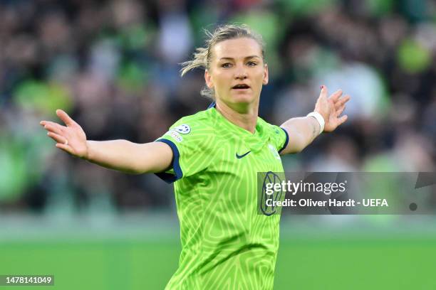 Alexandra Popp of VfL Wolfsburg celebrates after scoring the team's first goal during the UEFA Women's Champions League quarter-final 2nd leg match...