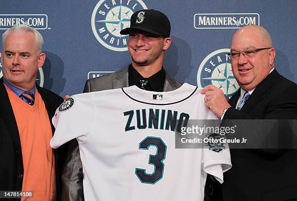 Catcher Mike Zunino, the Seattle Mariners' first-round draft choice, is introduced to the media as Scouting Director Tom McNamara and GM Jack...