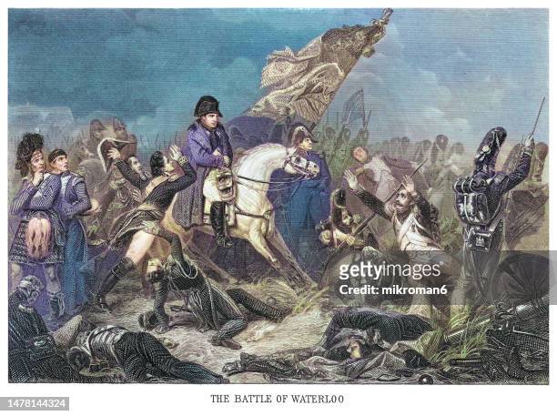 old engraved illustration of the battle of waterloo, 18 june 1815. - battle of waterloo stockfoto's en -beelden