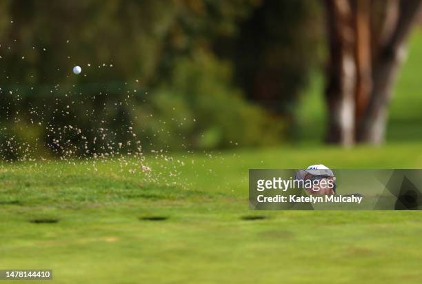 Jin Young Ko of South Korea plays a shot from a bunker near the 15th green during the first round of the DIO Implant LA Open at Palos Verdes Golf...