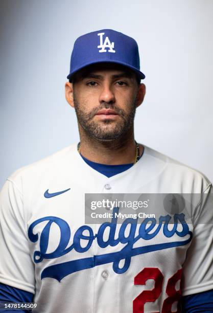 Los Angeles Dodgers outfielder J.D. Martinez is photographed for Los Angeles Times on February 22, 2023 in Glendale, Arizona. PUBLISHED IMAGE. CREDIT...