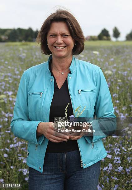 German Agriculture and Consumer Protection Minister Ilse Aigner speaks to the media while standing in a field of flowering wild chicory growing at a...